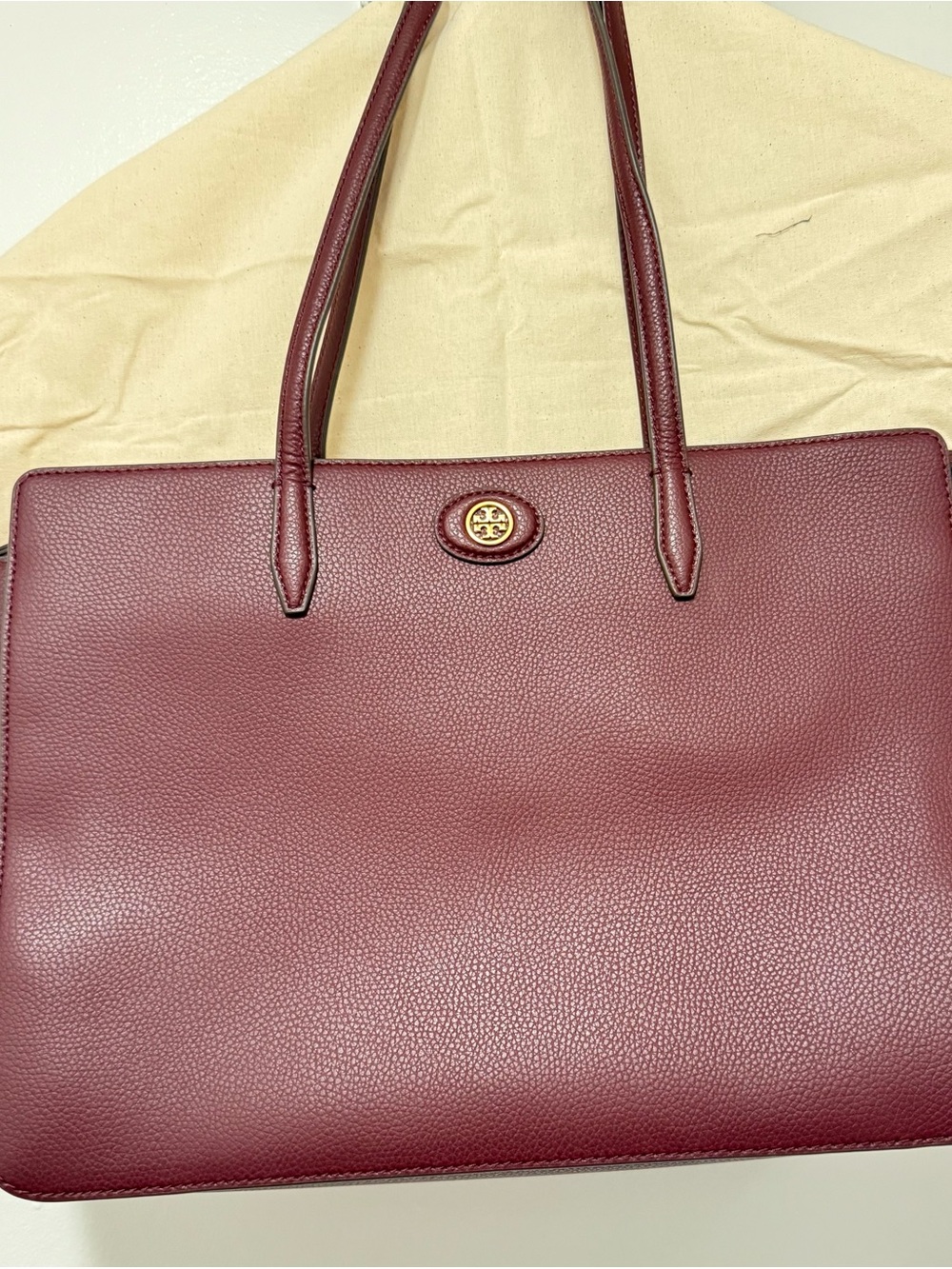 Tory Burch Robinson Large Zip Top Pebbled Leather Burgundy Tote